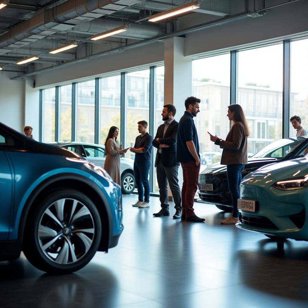 Clientes explorando vehículos eléctricos en showroom