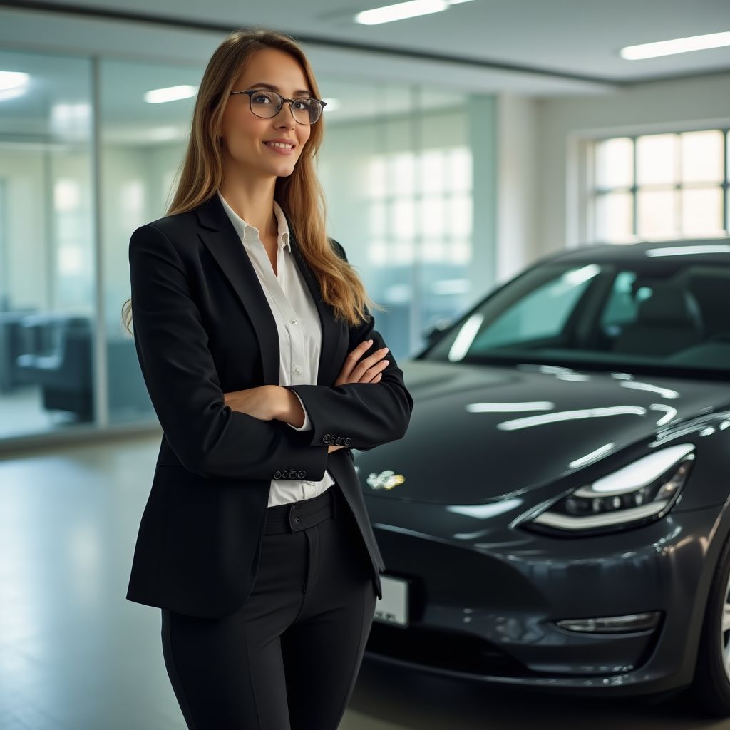 Empresaria junto a su vehículo eléctrico